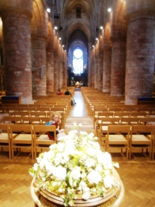 The nave, St. Magnus' Cathederal with massive sandstone columns and arches in the Norman style dating from the 11th Century