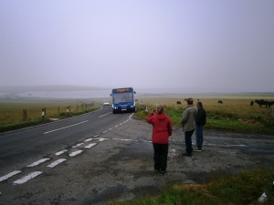 Hailing the local bus Orkney style - no bus stop needed!