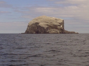 Bass Rock in the Firth of Forth opposite North Berwick. This rock (which is an ancient volcano "plug") is famous for its colony of gannets and even provides the scientific name for the gannet: sula bassana. The rock looks white from any direction from the gannet guano.