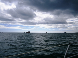 Some of the large number of oil platform support vessels anchored outside Aberdeen, "awaiting orders"